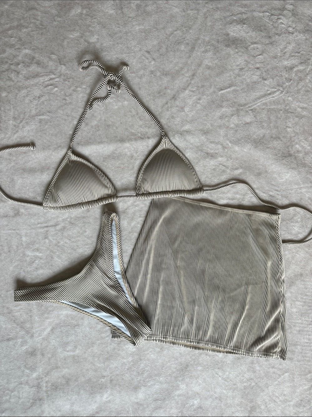 Striped Triangle Bikini + Coverup Set in Beige & Black
